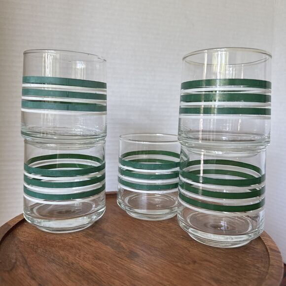 Vintage Green And White Small 8 Ounce Striped Juice Glasses Set of 5 - Picture 4 of 11